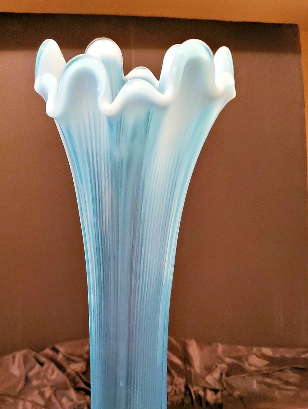 Fenton Fine Rib Blue Ruffled Glass Vase - Picture 4 of 4